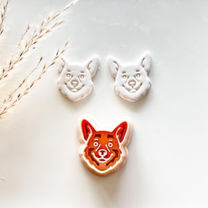 May include: Three corgi-shaped cookie cutters. Two are white, showing the face of a corgi. The third is orange and red, with a detailed corgi face design. All are on a white surface.