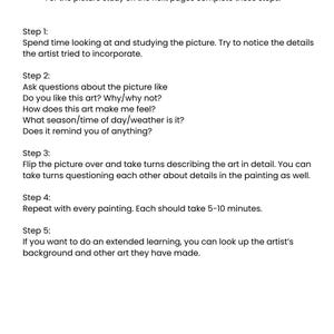 May include: White page with the title "PICTURE STUDY" and instructions for analyzing art. The steps include studying the picture, asking questions, describing the art, and extended learning. The text is in a simple, clear font.