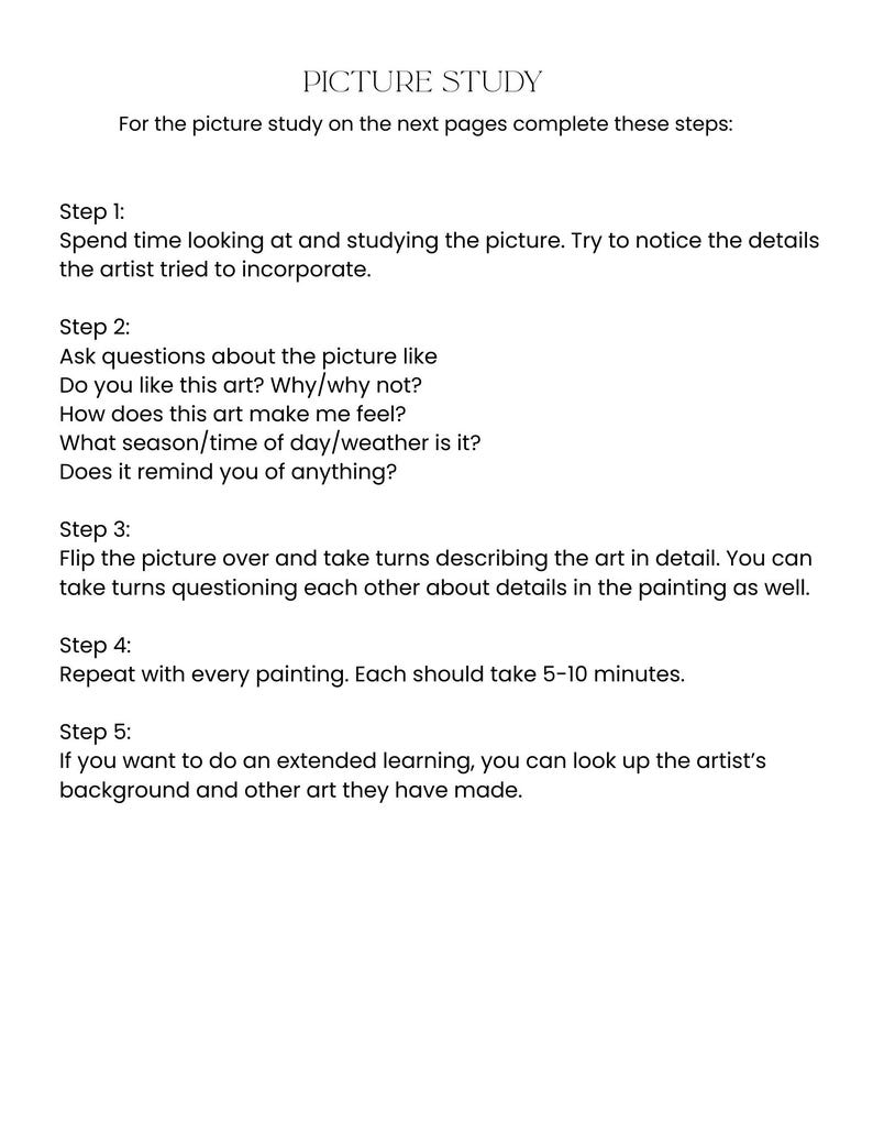 May include: White page with the title "PICTURE STUDY" and instructions for analyzing art. The steps include studying the picture, asking questions, describing the art, and extended learning. The text is in a simple, clear font.