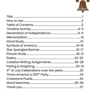 May include: A page titled "TABLE OF CONTENTS" with a brown illustration of the Liberty Bell. The table lists topics including "Declaration of Independence," "Poetry," and "4th of July Celebrations." The page numbers are listed on the right.