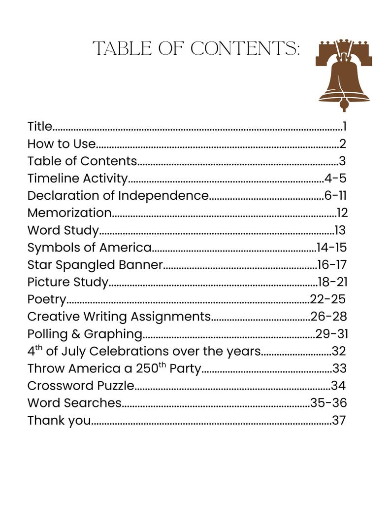 May include: A page titled "TABLE OF CONTENTS" with a brown illustration of the Liberty Bell. The table lists topics including "Declaration of Independence," "Poetry," and "4th of July Celebrations." The page numbers are listed on the right.