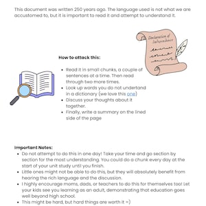 May include: A white document titled "THE DECLARATION OF INDEPENDECE" with instructions on how to read the document. Includes illustrations of an open book with a magnifying glass, and a scroll with a feather. Text includes "Important Notes".