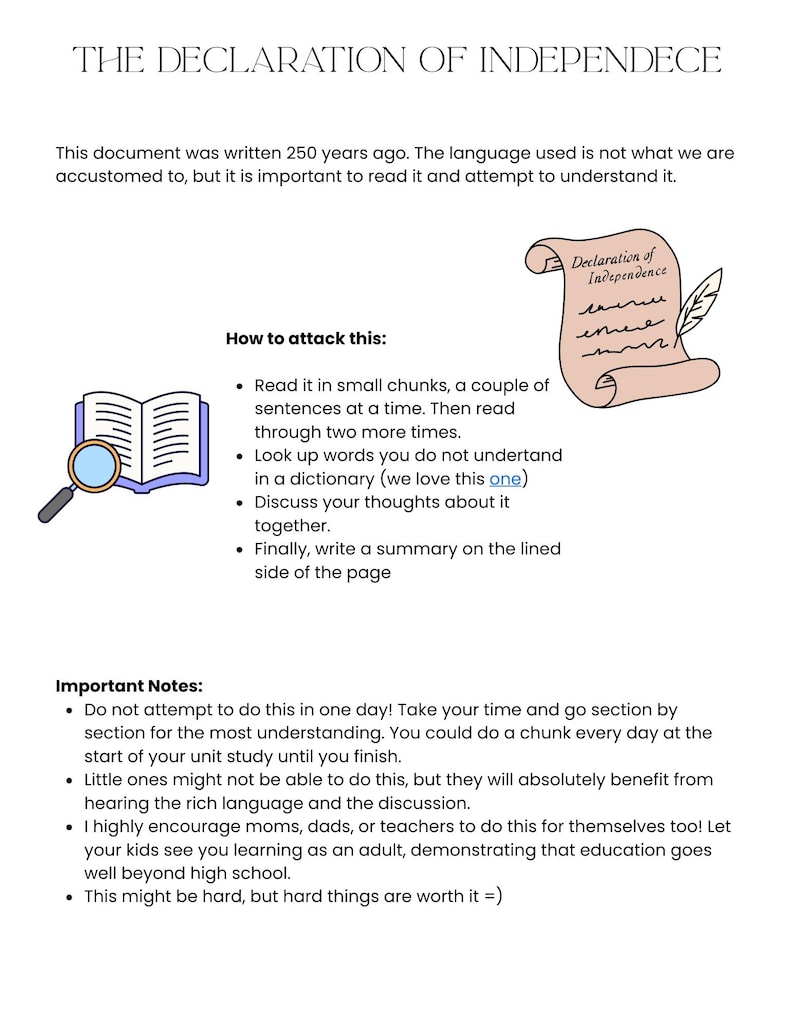 May include: A white document titled "THE DECLARATION OF INDEPENDECE" with instructions on how to read the document. Includes illustrations of an open book with a magnifying glass, and a scroll with a feather. Text includes "Important Notes".