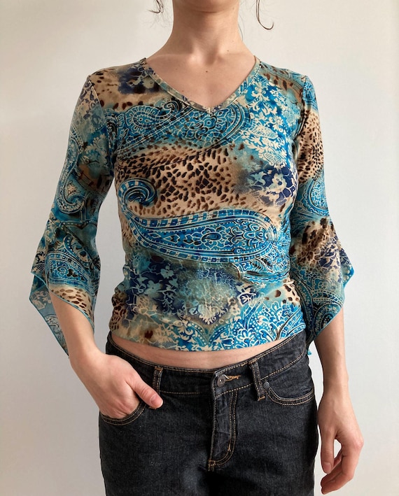 トップス goa 00s Y2K long T-shirt pattern paisley Vintage Y2K Early 2000s Brown and Blue Paisley Floral Top - Etsy