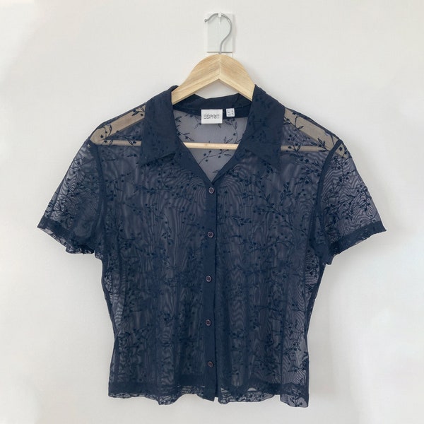 90s Y2K vintage navy blue Esprit mesh sheer floral pattern shirt