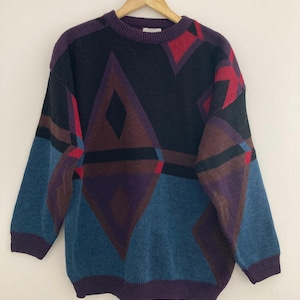 1980s 1990s Vintage Geometric Pattern Grandpa Sweater