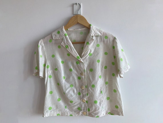 60s 70s vintage white and green polka dot cropped… - image 1
