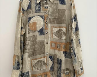 Camicia vintage anni '80 con motivo geometrico beige