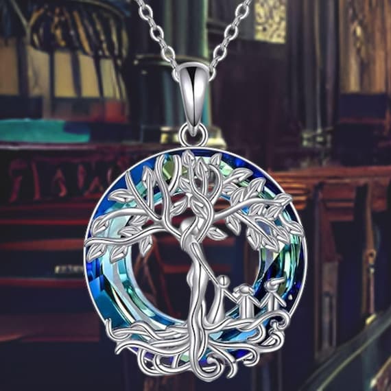 Tree of Life Blue Crystal Pendant Necklace Abalone Shell Crystal - Main Image