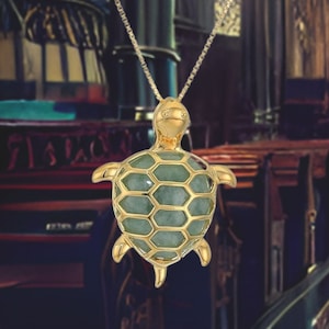 Turtle Necklace 18k Yellow Gold Plated Sterling Silver Genuine Green Jade Turtle Pendant Necklace, 18&quot;