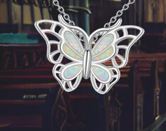 Collar de mariposa de ópalo en plata de ley 925. Joyas de mariposa, regalos para mujeres y niñas.