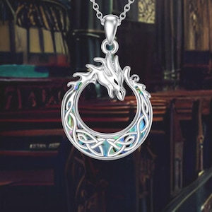 Celtic Dragon Necklace 925 Sterling Silver Abalone Shell Celtic Knot Dragon Pendant Necklace For Women