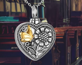 Sunflower Butterfly Urn Necklace for Ashes | 925 Sterling Silver Cremation Jewelry