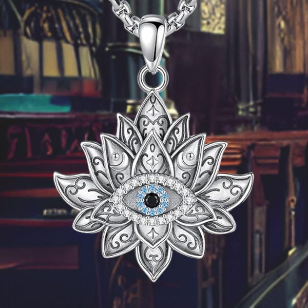 925 Sterling Silver Lotus Flower Evil Eye Necklace | Spiritual Protection Inner Peace