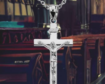 925 Sterling Silver Catholic Jesus Christ Cross Crucifix Pendant Necklace