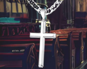 925 Sterling Silver Cross Necklace for Men Women With Stainless Steel Polished Cuban Link Chain