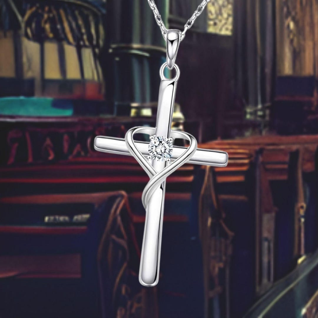 JewelryWe Stainless Steel Cross Necklace – Cubic Zirconia, Ashes Keepsake Pendant, Gift For Mom