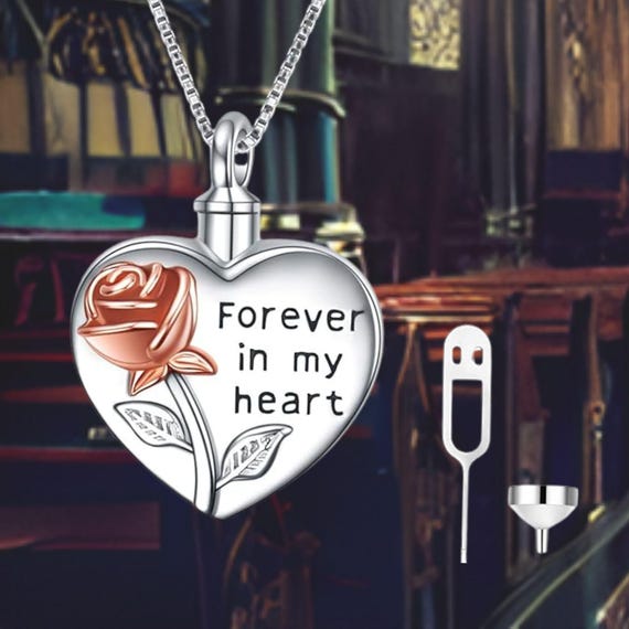 ハート型のバラの骨壷ネックレス スターリングシルバー 女性用 遺灰用