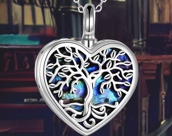 Cremation Urn Necklace for Ashes Sterling Silver Abalone Shell Tree of Life Locket Necklace That Holds Pictures Heart Cremation