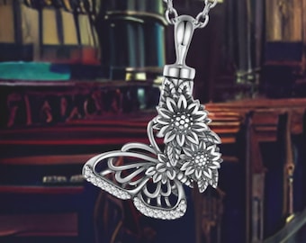 Butterfly Sunflower Urn Necklace for Ashes Keepsake Memorial Jewelry for Women