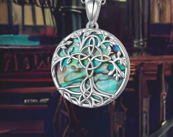 Celtic Tree of Life Abalone Shell Necklace Witches Knot Necklace for Women 925 Sterling Silver