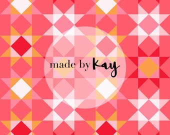 May include: A geometric pattern in shades of red, pink, white, and yellow. The design features a repeating pattern of diamonds and squares. The text "made by Kay" is in a white circle in the center of the image.