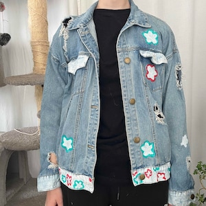 Hand painted flower denim jacket, ripped jean jacket, upscaled custom clothes, customized casual jacket, handmade unique floral jacket