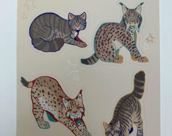 May include: A set of four stickers featuring illustrations of European small cats. The stickers are on a beige background with white stars. The cats are a European Wildcat, a Scottish Wildcat, a European Wildcat, and a European Wildcat. The text "EUROPEAN SMALL CATS" is written in black at the top of the image.