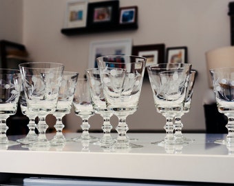 Set of 11 Arcadia Water Goblets with Cut Thistle Design and Wafer Stem