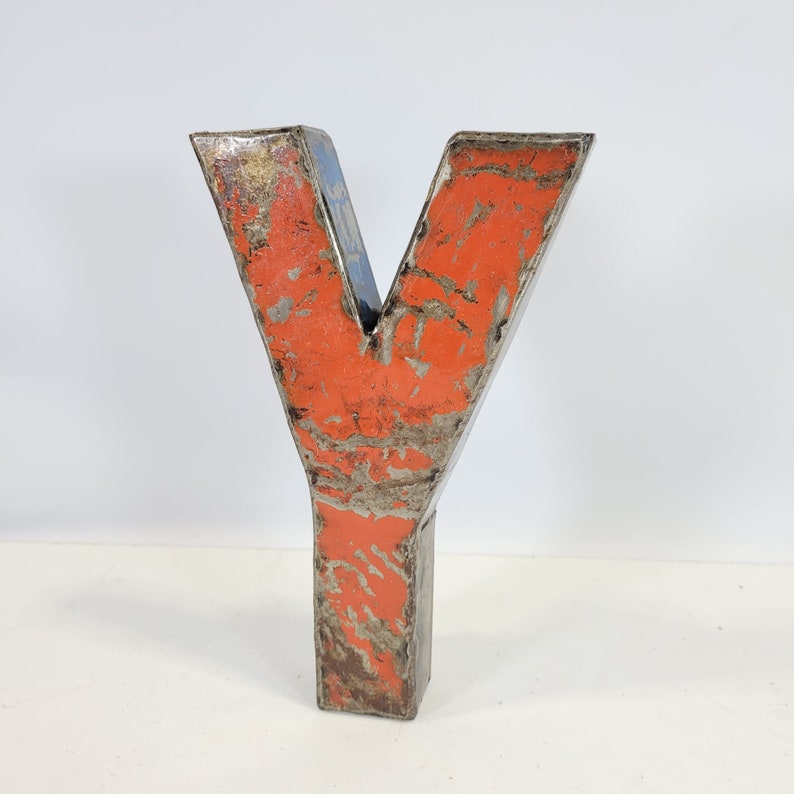 Letter Y made from recycled oil barrels 22 or 50 cm different colors Upcycling handmade & fair Rot-Orange
