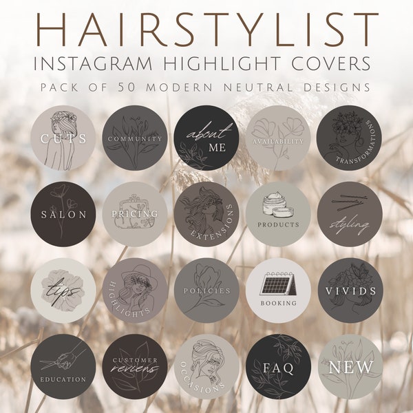 Hairstylist Instagram Story Highlight Covers | Minimal Moody Neutral IG Highlight Bubbles | Digital Download Editable Template | Hair Salon