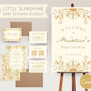 Paquete de baby shower Little Ray of Sunshine para un cartel de bienvenida floral amarillo para baby shower Plantilla de invitación imprimible Aquí viene el hijo