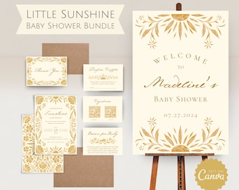 Little Ray of Sunshine Baby Shower Bundle for a Yellow Floral Baby Shower Welcome Sign Here Comes The Son Printable Invitation Template