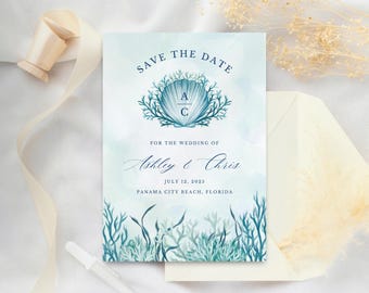 Coastal Wedding Save The Date Template | Pretty Beach Wedding Invite | Coral Seashell Invitation | Elegant Beachy Wedding Invitation Suite