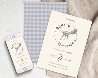 Plantilla de invitación de revelación de género de Baby-Q Invitación minimalista para fiesta de bienvenida al bebé de barbacoa Invitación de revelación de género de Babyq linda Invitación digital de barbacoa rosa y azul