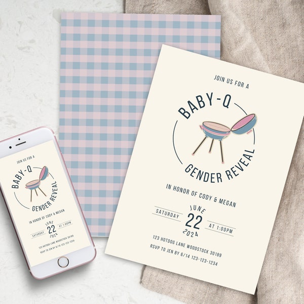 Baby-Q Gender Reveal Invitation Template Minimalist BBQ Baby Shower Invite Cute Babyq Gender Reveal Invite Pink and Blue Bbq Digital Invite