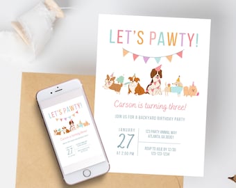 Let's Pawty Dog Birthday Party Invitation | Digital Download Editable Template | Kid's Dog Themed Birthday Invitation | Puppy Party Invite