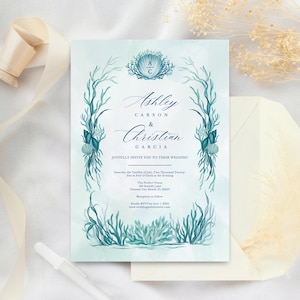 Küsten Hochzeitseinladung Vorlage | Hübsche Strandhochzeit einladen | Blau Muschel Einladung | Elegante Beachy Hochzeitseinladungs-Reihe