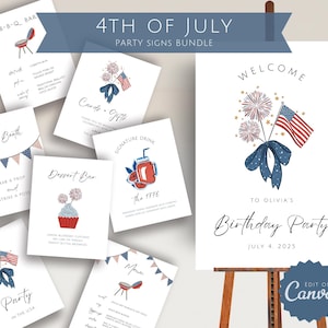 Op de afbeelding: Een set printbare 4 juli feestborden met de kleuren rood, wit en blauw. De borden bevatten tekst zoals "Photo Booth", "Dessert Bar", "Cards & Gifts", "Signature Drink", "Party in the USA", en "Welkom op Olivia's verjaardagsfeest".