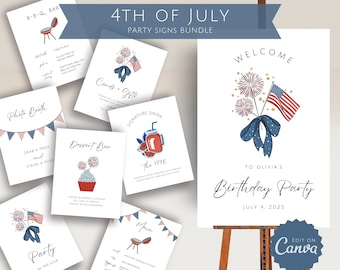 May include: A set of printable 4th of July party signs featuring red, white, and blue colors. The signs include text such as "Photo Booth", "Dessert Bar", "Cards & Gifts", "Signature Drink", "Party in the USA", and "Welcome to Olivia's Birthday Party".
