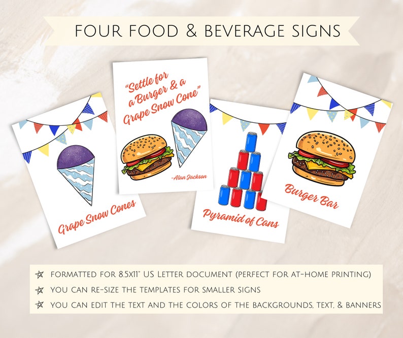 May include: Four printable signs for a food and beverage stand. The signs feature illustrations of a burger, a grape snow cone, a pyramid of cans, and the text "Settle for a Burger & a Grape Snow Cone", "Grape Snow Cones", "Burger Bar", and "Pyramid of Cans".