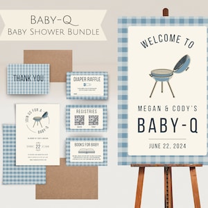 Baby-Q Backyard BBQ Babyparty-Paket l Digitaler Download bearbeitbares Vorlagenpaket l Babyq-Willkommensschild l Windel-Gewinnspielkarten l Bücher für Babys