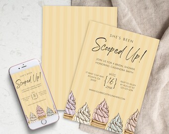 May include: A yellow and white striped background with a bridal shower invitation. The invitation says "She's Been Scooped Up!" and features a graphic of ice cream cones. The text includes the date, time, and location of the event. RSVP information is also included.
