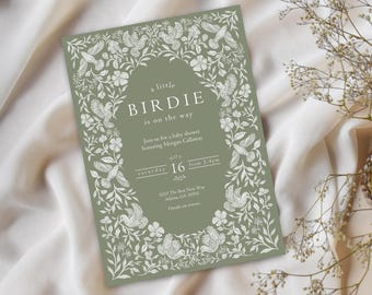 May include: A green baby shower invitation with a white floral border and the text "a little BIRDIE is on the way". The invitation includes details for a baby shower honouring Morgan Callaway on Saturday, 16 November 2024, from 2-4pm at 1023 The Best Nest Way, Atlanta, GA 30301.