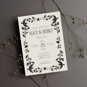 Vintage Black Floral Wedding Invitation Template Elegant Dark and Moody Wedding Invite Spooky Chic Gothic Wedding Printable Invitation