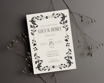 Black Floral Wedding Invitation Template | Digital Download Editable Template | Dark and Moody Wedding Invite | Gothic Wedding Invitation