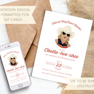 May include: A white invitation card with red text that says "Join us Way Down Yonder on the Chatta-two-chee for Jackson's 2nd Birthday Party!"  The invitation includes a cartoon illustration of a person wearing a cowboy hat and sunglasses. The text also includes the date and time of the party: "Saturday May 22 at 2:00pm 2024".