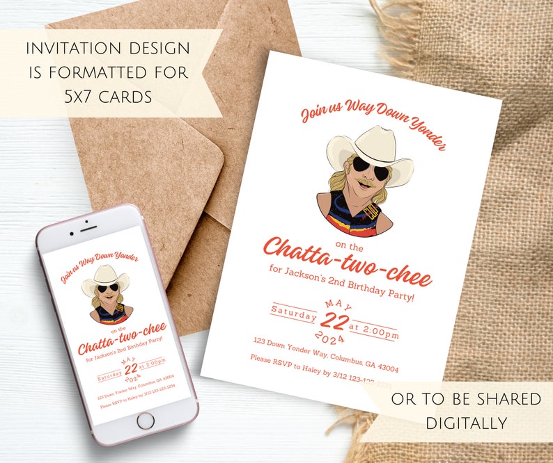 May include: A white invitation card with red text that says "Join us Way Down Yonder on the Chatta-two-chee for Jackson's 2nd Birthday Party!"  The invitation includes a cartoon illustration of a person wearing a cowboy hat and sunglasses. The text also includes the date and time of the party: "Saturday May 22 at 2:00pm 2024".