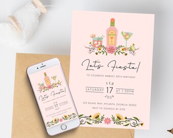 Invitation de fête de Margarita de Zazzle.be Liste d'envies Vous avez des idées ? Modèle modifiable en téléchargement numérique | Faire-part de fête de la fille rose | Cocktail floral Fiesta