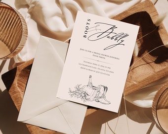 Dusty Pink Boots & Bubbly Invitation | Digital Download Template | Modern Champagne Bridal Shower | Blush Country Chic Wedding Shower Invite